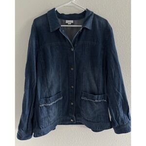 J. Jill Denim Jacket Womens XL Blue Raw Hem Dark Jean Preppy‎ Gorpcore Outdoor